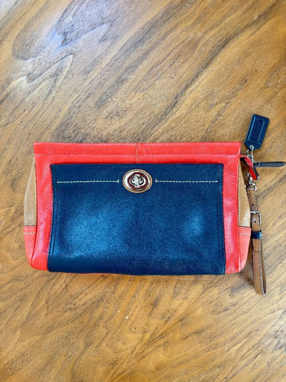 Coach Colorblock Leather Clutch/Wristlet – Navy, Red & Tan